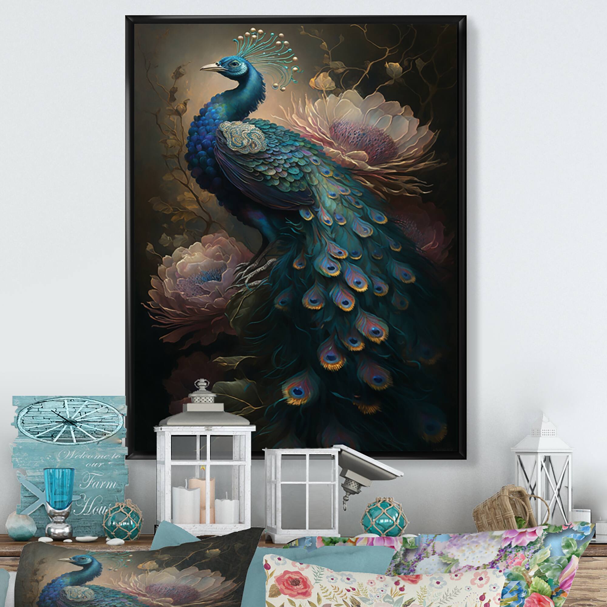 Designart 'Peacock With Flowers' Animals Framed Canvas Wall Art